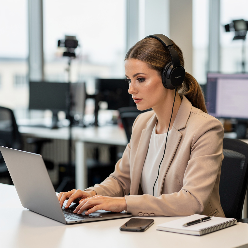 Belgian female journalist wearing headphones working at a laptop