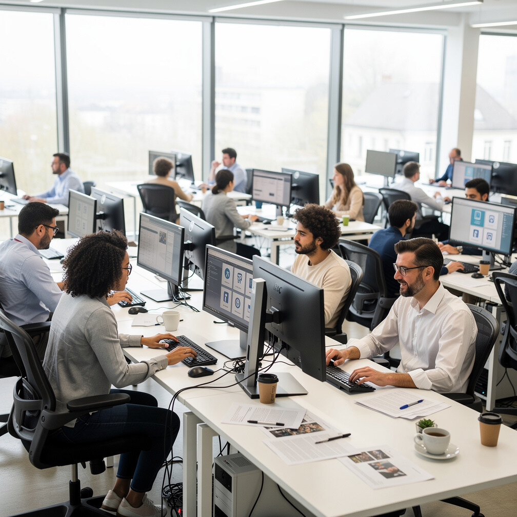 Belgian journalists working together at a newsroom desk with monitors